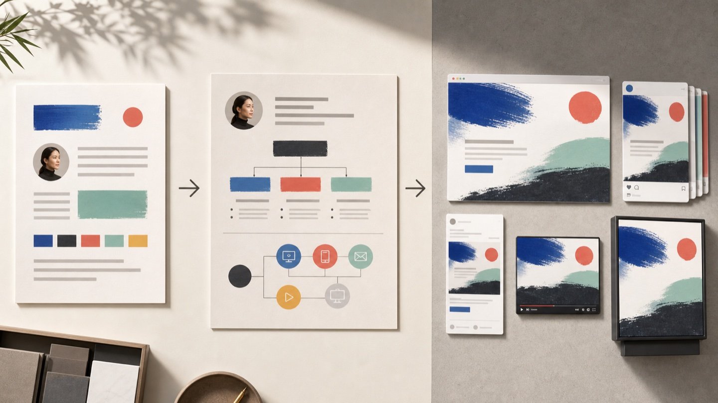 A campaign brief and audience strategy becoming coordinated landing page, social, email, video, and display assets