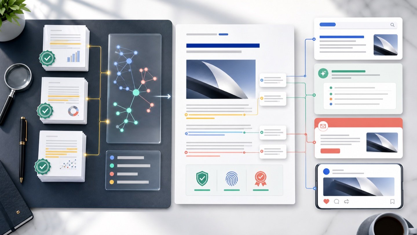 Approved evidence and search intent becoming cited editorial, search, email, and social content